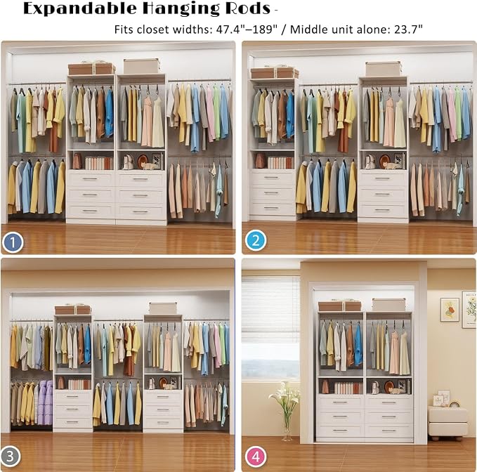 Closet System with 2 Set, 4FT-15FT Closet Organizer System with 6 Wooden Drawers Walk-in Closet Storage System with 10 Expandable Hanging Rods Garment Rack Wall Mount White