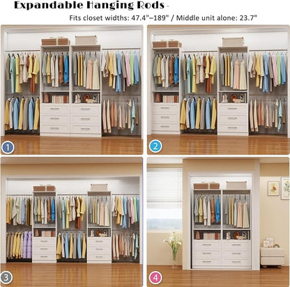 Closet System with 2 Set, 4FT-15FT Closet Organizer System with 6 Wooden Drawers Walk-in Closet Storage System with 10 Expandable Hanging Rods Garment Rack Wall Mount White