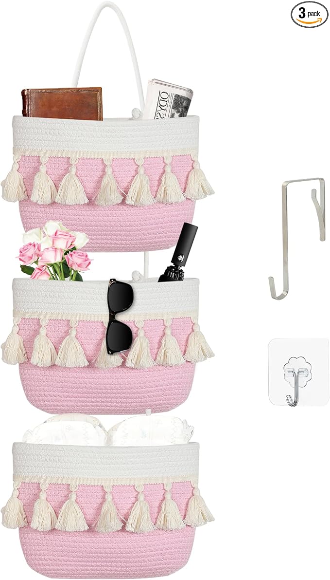 Over the Door Organizer Nursery - Cotton Boho Decor 3 Tier Wall Hanging Basket, Decorative Hanging Storage Organizer for Nursery Bathroom Bedroom Laundry Dorm Kitchen