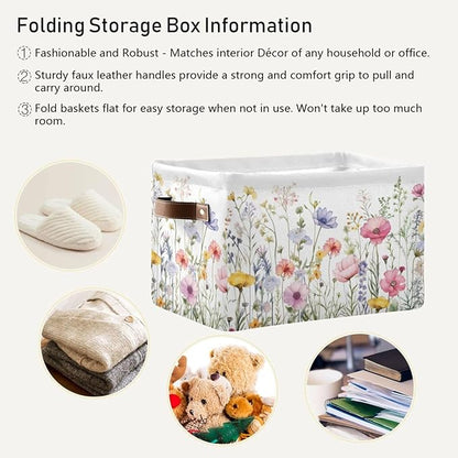 YETTASBIN Herbal Wildflowers Storage Basket 2pc, Large Collapsible Toys Clothes Organizer, Durable Canvas Storage Bin with Handle for Shelves Closet Laundry Home Office Decor