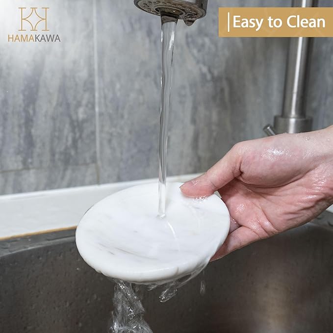 Natural Marble Soap Dish, Round White Jewelry Dish 4.5 Inch, Limestone Shower Soap Holder, Modern Stone Sponge Holder with Beveled Edge, Bar Soap Saver Tray for Bathroom, Kitchen
