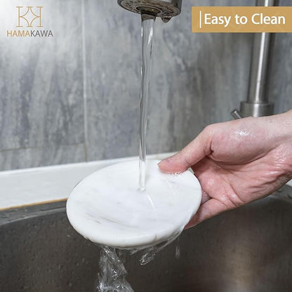 Natural Marble Soap Dish, Round White Jewelry Dish 4.5 Inch, Limestone Shower Soap Holder, Modern Stone Sponge Holder with Beveled Edge, Bar Soap Saver Tray for Bathroom, Kitchen