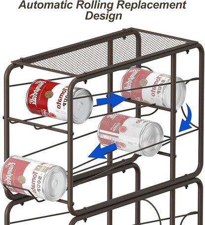 4 Pack Soda Can Organizer, Stackable Metal Can Dispenser for Pantry, Automatic Rolling Canned Food Organizer for Cabinet and Countertop, Brown.