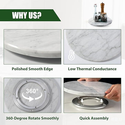 12" Marble Lazy Susan Turntable - 100% Natural Stone Round Serving Tray with Silent Spinning, Revolving Cake Stand & Cheese Board for Kitchen Countertop, Cupcake Table Display, Food, Seasoning (White)