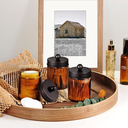 Amber Glass Qtip Holder, Apothecary Jars with brown Metal Lid & Stickers-Bathroom Qtip Dispenser Storage Organizer Set,Vanity Counter Canister for Cotton Swabs,Round Pads,Floss (3 Pack,bronze)