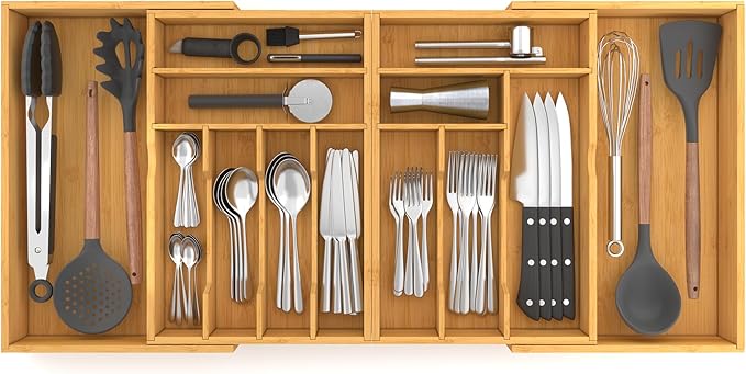 Suli Large Silverware Drawer Organizer, Adjustable Kitchen Flatware for Forks Knives and Spoons, Bamboo Cutlery Utensil Holder, Expandable from 22in-37in, Natural Bamboo