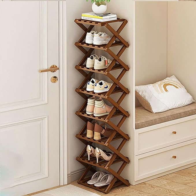 Narrow Shoe Rack - Shoe Storage Organiser- Vertical Bamboo Foldable Shoes Shelf for Entryway, Closet, Bedroom, Hallway ([Tawny] 8 Layers)