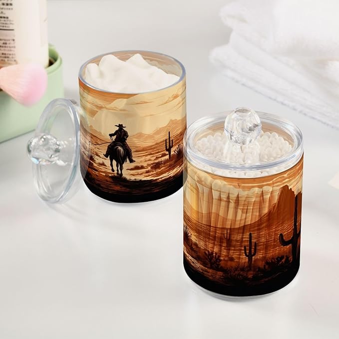 4 Pack Apothecary Jars Bathroom Vintage Western Cowboy Qtip Holder Dispenser Clear Plastic Storage Canister Jar with Lid for Cotton Ball, Cotton Swab
