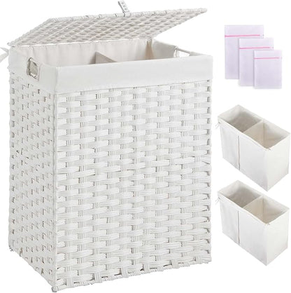 Greenstell Laundry Hamper with 2 Removable Liner Bags，90L Divided Clothes Hamper, Handwoven Synthetic Rattan Foldable Laundry Basket with Lid and Handles White (18.5 x 13.3 x 24.0Inches)