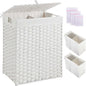 Greenstell Laundry Hamper with 2 Removable Liner Bags，90L Divided Clothes Hamper, Handwoven Synthetic Rattan Foldable Laundry Basket with Lid and Handles White (18.5 x 13.3 x 24.0Inches)