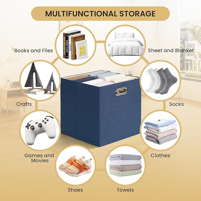Posprica Storage Cube Basket Bins,13×13 Foldable Storage Boxes for Closet Organizer Shelf Cabinet Bookcase,Thick Fabric Drawer,Set of 4, Army Blue