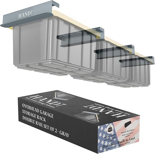 USA Based Overhead Garage Storage Rack, Connectable Heavy Duty Metal Ceiling Rails Garage Storage Organization Shelving System, Hanging Racks Tote Containers, Supports Up To 3 Bins, 2 Sets Gray