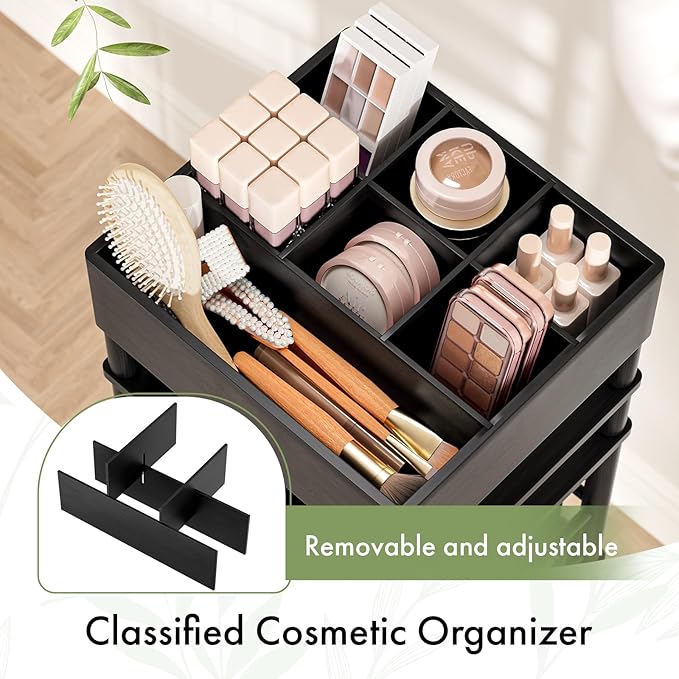 Amazer Bamboo Makeup Organizer Cart with 3 Drawers, Floor Skin Care Storage for Bathroom Bedroom, Rolling Vanity Organizer Cart for Cosmetic, Nail Polish, Perfume and Hair Tools, Black