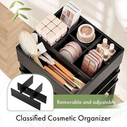 Amazer Bamboo Makeup Organizer Cart with 3 Drawers, Floor Skin Care Storage for Bathroom Bedroom, Rolling Vanity Organizer Cart for Cosmetic, Nail Polish, Perfume and Hair Tools, Black