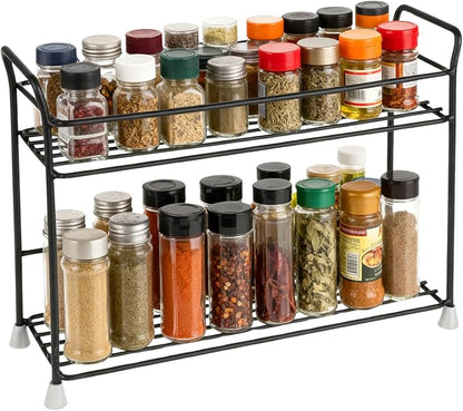 FMOACEN 2 Tier Spice Rack Organizer for Countertop Sturdy Metal Standing Spice Storage Shelf Rack Seasoning Organizer Holder for Home Kitchen Cabinet Bathroom Bedroom Pantry Vanity Black