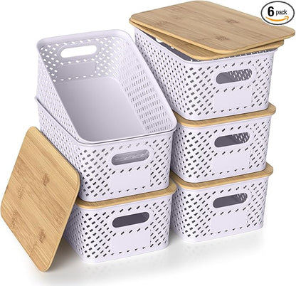 Plastic Storage Bins with Bamboo Lids, Stackable Small Box Baskets for Organizing and Containers for Shelves Drawers Desktop Closet Pantry Classroom Office Home, 6 Pack 10.2"x7.2"x4.1" Lavender