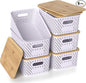 Plastic Storage Bins with Bamboo Lids, Stackable Small Box Baskets for Organizing and Containers for Shelves Drawers Desktop Closet Pantry Classroom Office Home, 6 Pack 10.2"x7.2"x4.1" Lavender