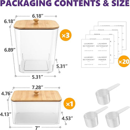 4 Pack Bamboo Laundry Pods Container, Clear Laundry Room Organization Containers,Large Laundry Detergent Powder Storage Containers Lids & Labels, Acrylic Laundry Pods Holder for Scent Booster