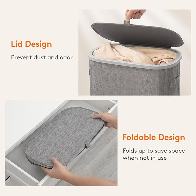Lifewit Slim Laundry Basket with Lid, Narrow Large Laundry Hamper with Plastic Handles and Removable Bag, Tall Foldable Dirty Clothes Hampers for Laundry Room, Bedroom, Bathroom, Dorm, 65L Gray