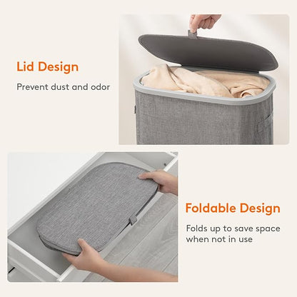 Lifewit Slim Laundry Basket with Lid, Narrow Large Laundry Hamper with Plastic Handles and Removable Bag, Tall Foldable Dirty Clothes Hampers for Laundry Room, Bedroom, Bathroom, Dorm, 65L Gray