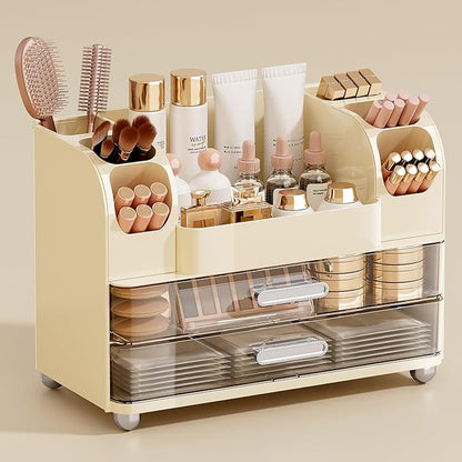 Makeup Organizer for Vanity with 2 Large Drawers, Cosmetic Display Case with Brush Holders, Easy to Storage for Bathroom Countertop Skincare, Perfume, Cream White