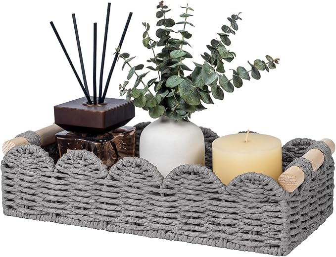 CubesLand Toilet Paper Storage Basket Organizer, Small Wicker Toilet Tank Top Decorative Baskets for Countertop, Handwoven Scalloped Basket w/handle for Home Decor, Living Room, Bedroom, Grey