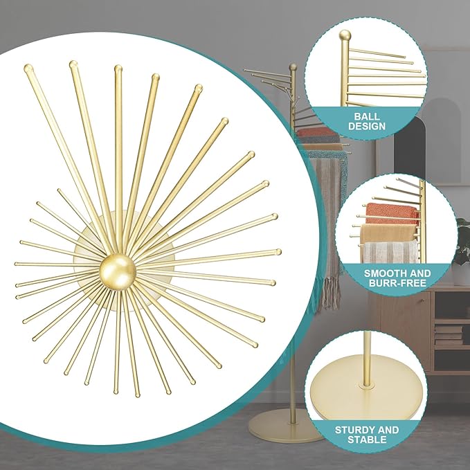 Metal Scarf Rack, Freestanding Spiral Scarf Holder Commercial Hijab Organizer Belt Pants Hanger 59‘’-67‘’ Height Adjustable with 22 Rods for Clothing Store Home, Space Saving Shelves (Color: Gold)