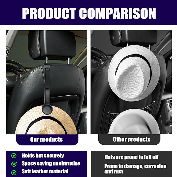 Cowboy Hat Holder for Truck, Magnetic Leather Cowboy Hat Rack for Truck and Car Headrest, Vehicle Organizer for SUV Pickup
