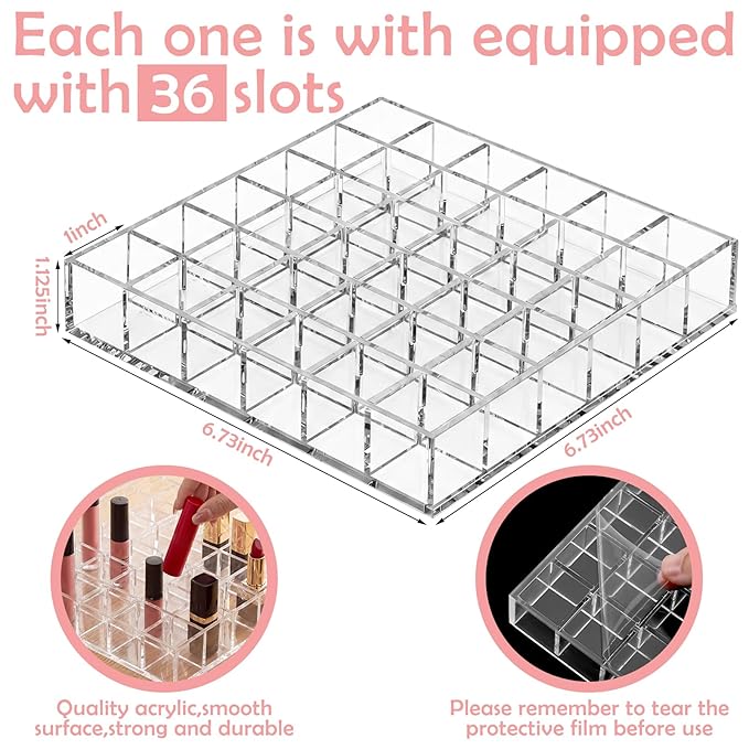Mumufy Lipstick Holder Clear Acrylic Organizer Makeup Lip Gloss Organizer Plastic Cosmetic Display Case for Lipstick Brushes Bottles Perfume Essential Drawer Vanity Bathroom (36 Slot)