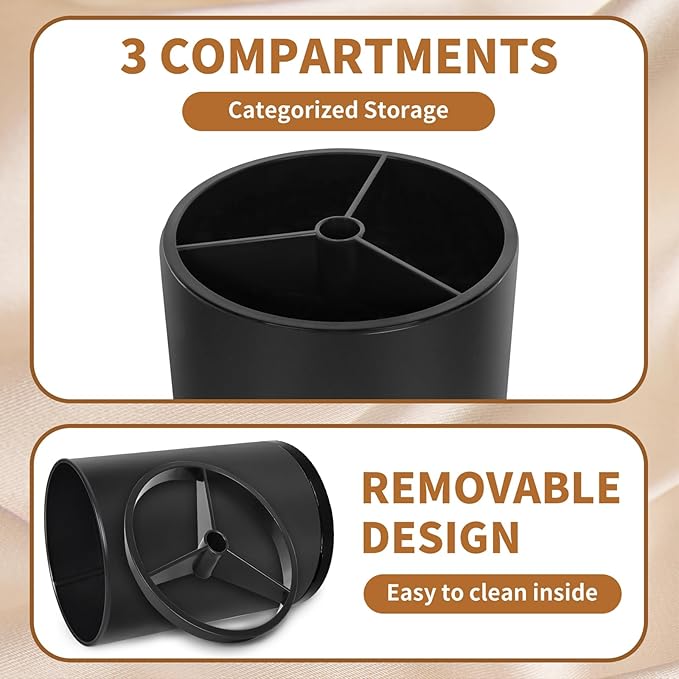 Nigelia Extra Large Kitchen Utensil Holder, 360° Rotating Stainless Steel Cooking Utensil Holder for Countertop, 3 Compartment Flatware Organizer & Cooking Caddy with Removable Base（Black）