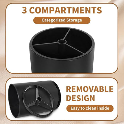 Nigelia Extra Large Kitchen Utensil Holder, 360° Rotating Stainless Steel Cooking Utensil Holder for Countertop, 3 Compartment Flatware Organizer & Cooking Caddy with Removable Base（Black）