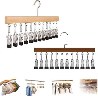 Closet Organizer with 10 Clips, Space Saving Hanging Closet Organizer, Legging Hanger for Closet Organizer with 10 Clip for Storing Jeans, Legging, Shorts (Vintage+Wood-12 Clips, 2PCS)
