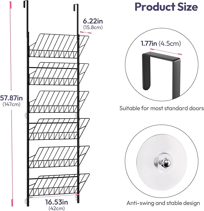 SWTYMIKI Over The Door Shoe Organizer - Adjustable 6 Tier Hanging Shoe Rack Organizer, Metal Heavy Duty Behind Door Storage or Wall Mount Shoes Shelf for Flats, Heels, Sneakers, Boots