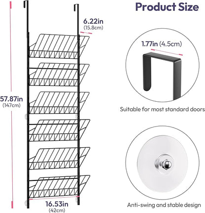 SWTYMIKI Over The Door Shoe Organizer - Adjustable 6 Tier Hanging Shoe Rack Organizer, Metal Heavy Duty Behind Door Storage or Wall Mount Shoes Shelf for Flats, Heels, Sneakers, Boots
