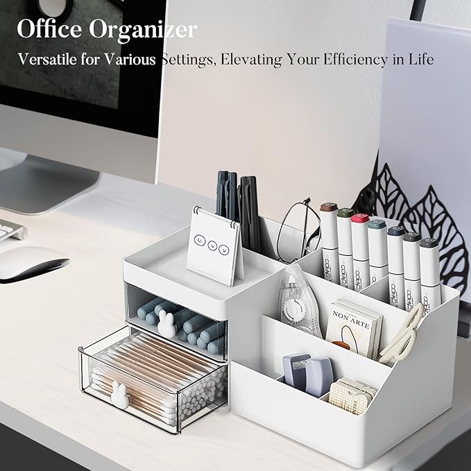 Makeup Organizer, Cosmetic Desk Storage Box with Drawers Skincare Organizers for Dressing Table, Countertop, Bathroom Counter, Vanity Holder for Brushes, Lotions, Lipstick, Perfume (White-Clear)