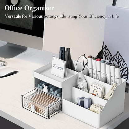 Makeup Organizer, Cosmetic Desk Storage Box with Drawers Skincare Organizers for Dressing Table, Countertop, Bathroom Counter, Vanity Holder for Brushes, Lotions, Lipstick, Perfume (White-Clear)