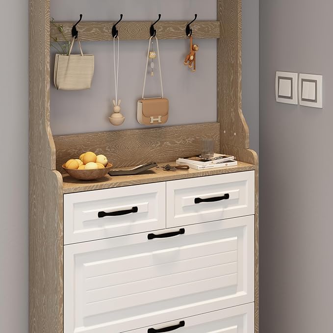 Vibe & Dine Shoe Cabinet, Entryway Shoe Storage Cabinet with 3 Flip Doors and 2 Drawers, 2-in-1 Wooden Shoe Rack Organizer with Coat Hooks for Hallway Cloakroom, Oak Color