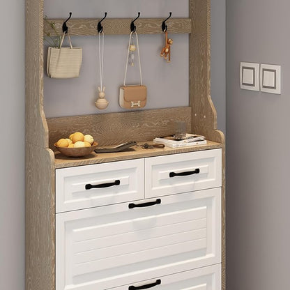 Vibe & Dine Shoe Cabinet, Entryway Shoe Storage Cabinet with 3 Flip Doors and 2 Drawers, 2-in-1 Wooden Shoe Rack Organizer with Coat Hooks for Hallway Cloakroom, Oak Color