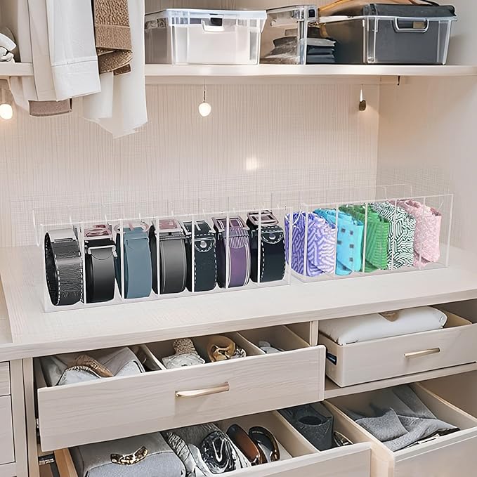 Belt Organizer, Belt Storage Box with 7 Compartments, Acrylic Belt Storage Holder for The Closet, Clear Belt Display Case for Closet Tie,Bow Tie and Watch Jewelry