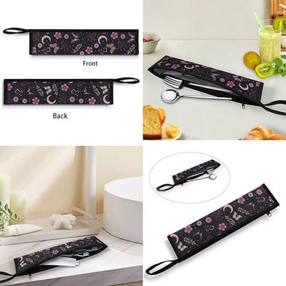 COEQINE Black Utensil Holder Case for Fork Spoon Knife Organizer,Pink Buttterfly Moon Leafproof Travel Spoon Case With Handles Machine Washable Portable Cutlery With Zipper