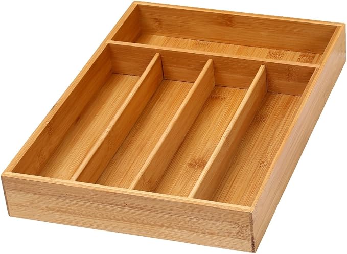 YBM HOME Pack of 6 Bamboo Cutlery Tray Flatware Silverware Drawer Organizer with 5 Compartments, 338