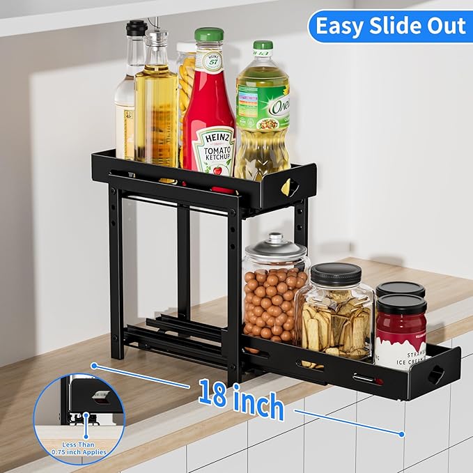 BOIVSHI Pull Out Spice Rack Organizer, 2-Tier Vertical Spice Rack, Height Adjustable for Kitchen Cabinet (5.3''Wx10.8''Dx9.2''H, Metal Black)