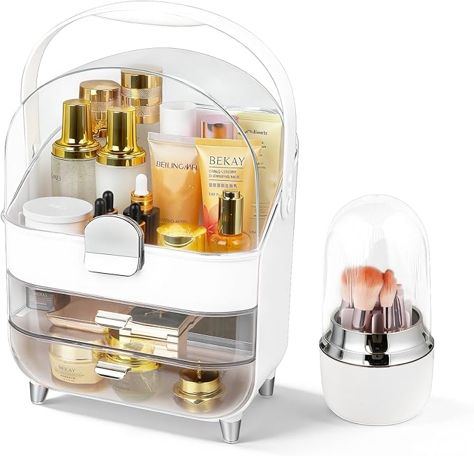 Makeup Organizer with Drawers-Cosmetic Display Case for Vanity|Skincare Organizer with 360 Rotating Brush Holder,Large Storage Box Dresser,Women Gifts Display Cases for Bathroom Countertop, Sliver