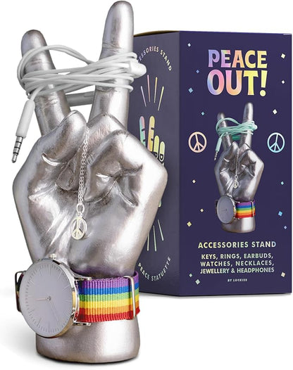 Luckies of London | Jewelry Organizer | Peace Sign Ring Holder | Key Holder for Desk Decor | Trinket Dish & Bedroom Decor | Key Bowl Alternative | Jewelry Hand Sculpture | Bracelet Display | Mini