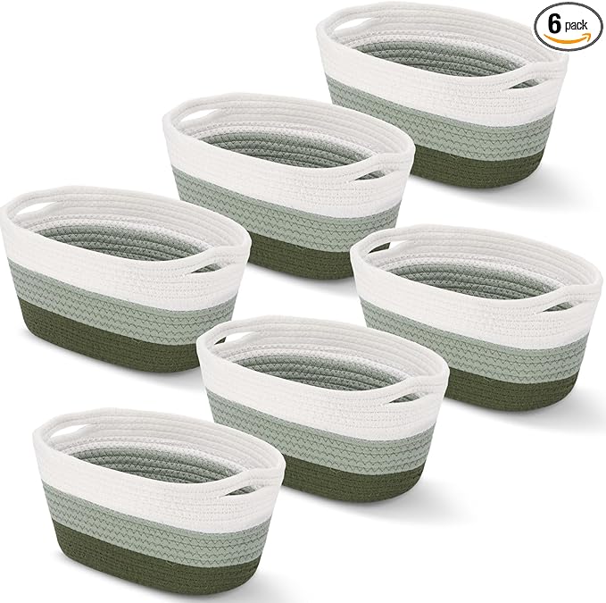 Sawysine 6 Pcs Storage Baskets Bulk for Organizing Cotton Rope Woven Basket with Handles for Gift Cloth Shelves Blanket Toys Living Room(Green and White)