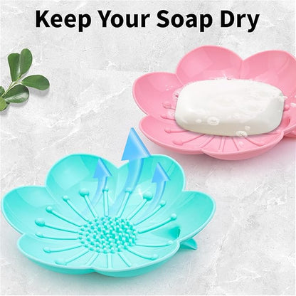 Soap Dishes 2 Pack Self Draining XL Flexible Bar Holder for Shower, Silicone Flower Soap Saver Tray for Counter Bathtub Sink Bathroom Decor with Drainage -Mirror Surface Easy Clean (Pink/Cyan Blue)