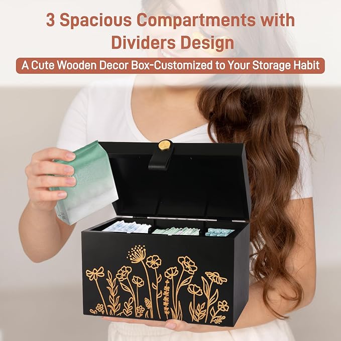 100% Solid Wood Tampon Holder Box with Lid, Copper Leather Pull, Absolute Real Wood Bathroom Decorative Box for Feminine Product Storage and Accessories such as Tampons, Cotton Balls, Gifts for Women