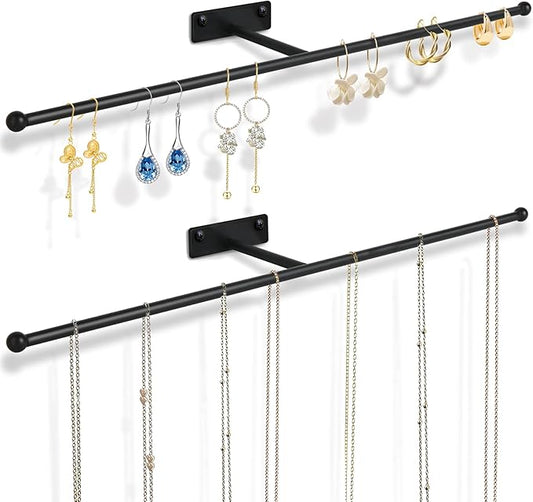 2 Pack Wall Jewelry Organizer, 14.5'' Necklace Holder for Hanging Earring, Ring, Bracelet, Hairband, Glasses Storage, Decorative Space-Saving Jewelry Display-Black