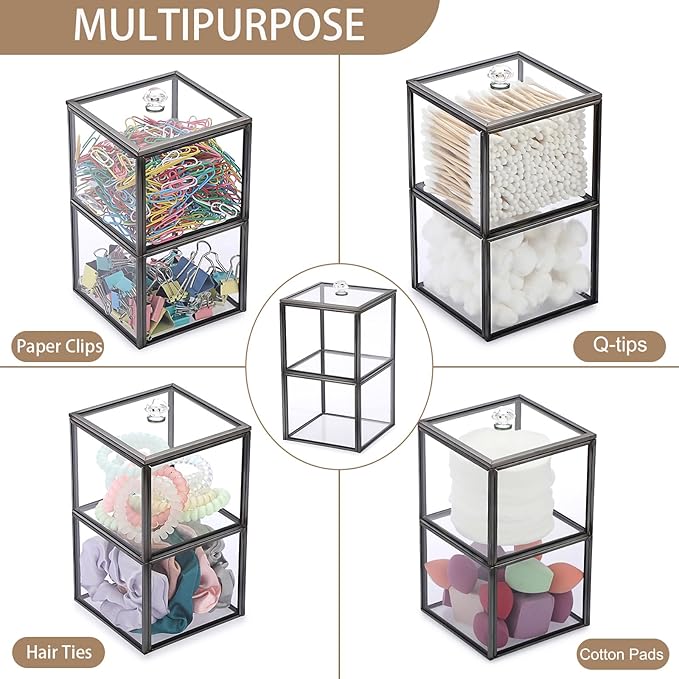 Hipiwe Glass Qtip Holder Dispenser 2-Tier Stackable Apothecary Jar with Lid Clear Bathroom Containers Cotton Ball & Swab Canister Vanity Organizer for Q-tip, Cotton Round, Floss, Makeup Pads