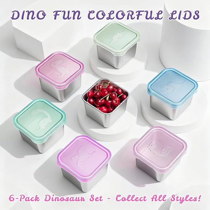 Tanjiae 6-Pack Small (6 oz) Stainless Steel Snack Containers for Kids, Easy-Open Toddler Snack Containers with Lids - Cute Dinosaur Small Stackable Metal Snack Box for Daycare, School, Travel